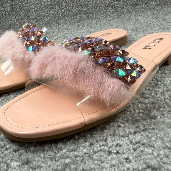 Faux Fur & Rhinestone Embellished Pink Slide Sandals Miss Lola Size 9 Slip On - Picture 15 of 16